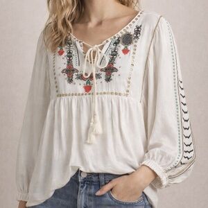 Boho Embroidered Peasant Blouse Cream Tassel Tie Folk Cottagecore Top Size M